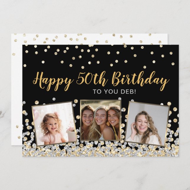 Gold Silver Confetti Photo Collage 50th Birthday Card (Front/Back)