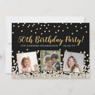 Gold Silver Confetti Photo Collage 50th Birthday Invitation