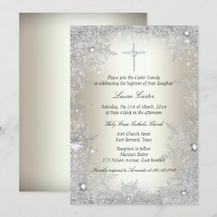 Gold Silver Crystal Snowflake Baptism/Christening Invitation