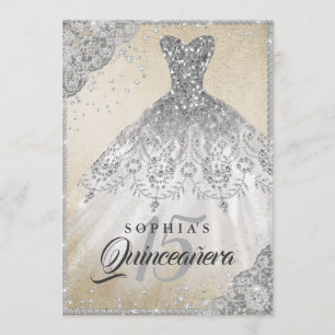 Gold Silver Diamond Lace Sparkle Gown Quinceanera Invitation