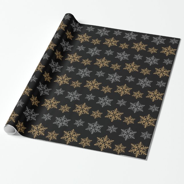 Gold Silver Faux Glitter Snowflakes Wrapping Paper (Unrolled)