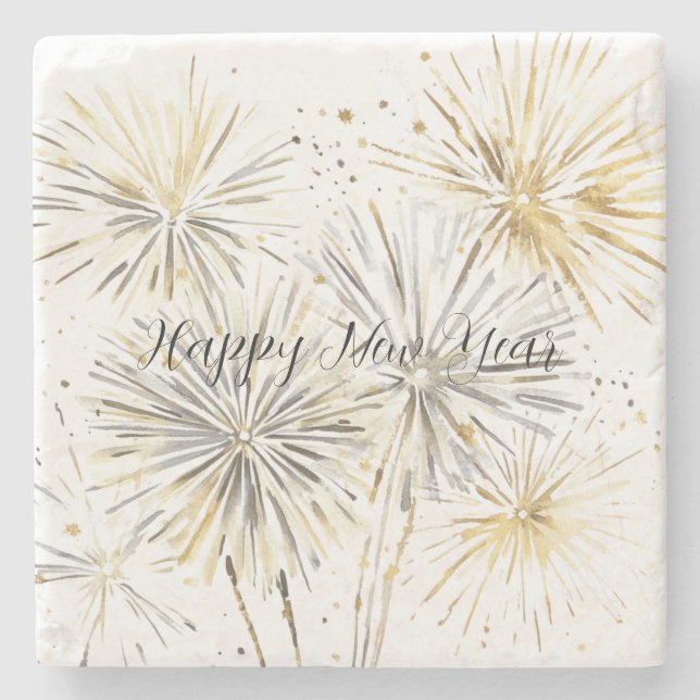 Gold Silver Fireworks New Year's Eve or Day Stone Coaster (Front)