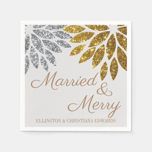 Gold Silver Floral Married and Merry Christmas Napkin (Front)