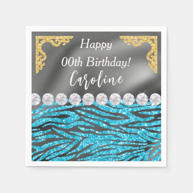 Gold Silver Foil & Light Blue Zebra Print Birthday Napkin (Front)