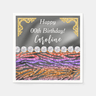 Gold Silver Foil & Orange Zebra Print Birthday Napkin