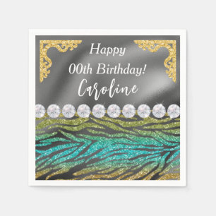 Gold Silver Foil & Teal Zebra Print Birthday Napkin