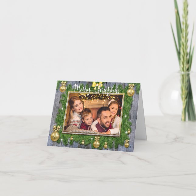 Gold Silver Frame Pine Bough Merry Christmas Photo Holiday Card (Front)