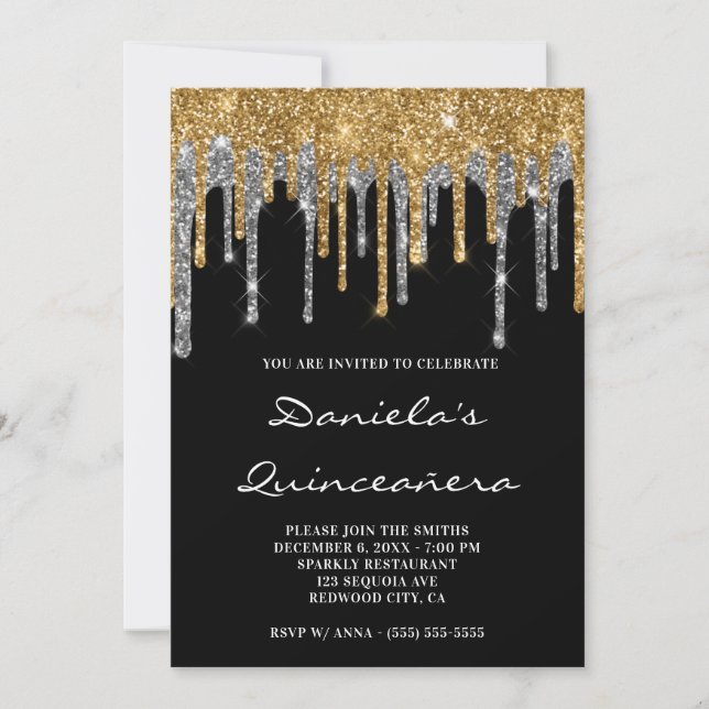 Gold Silver Glitter Drips Black Quinceañera Invitation (Front)