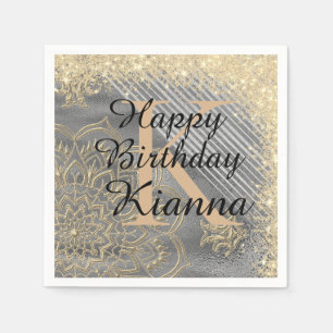 Gold Silver Glitter Mandala Monogram Birthday      Napkin