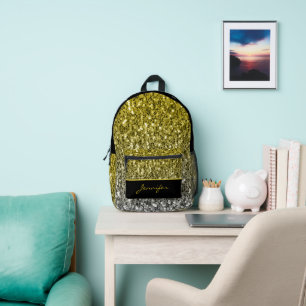 Gold silver glitters sparkles black Custom name Printed Backpack