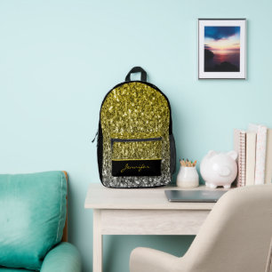 Gold silver glitters sparkles black Custom name Printed Backpack