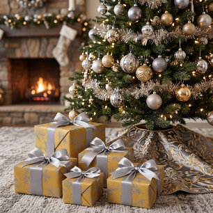 Gold Silver Grey Botanical Chic Christmas Wrapping Paper