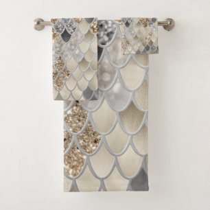 Gold Silver Grey Mermaid Scales Glam #1  Bath Towel Set