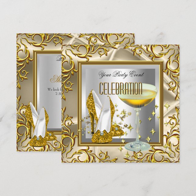 Gold Silver High Heel Shoes Champagne Invitation (Front/Back)