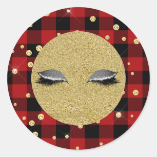 Gold Silver Lashes Holiday Red Buffalo Plaid Classic Round Sticker