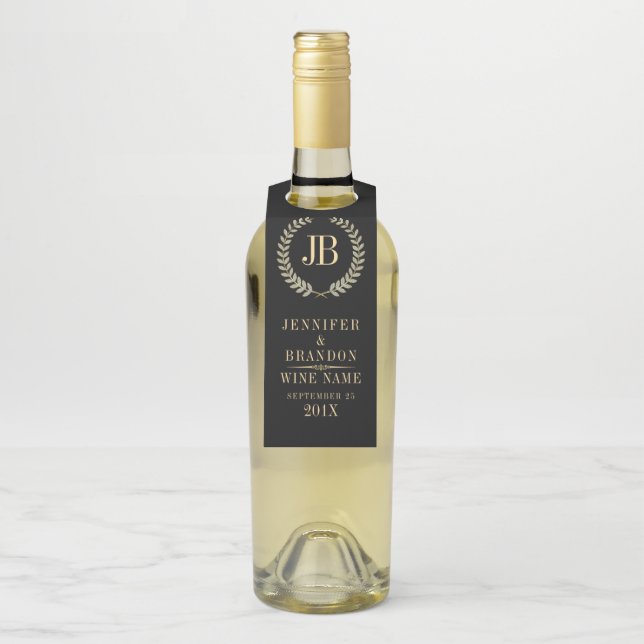 Gold & silver laurel wedding wreath bottle tag (On Bottle)