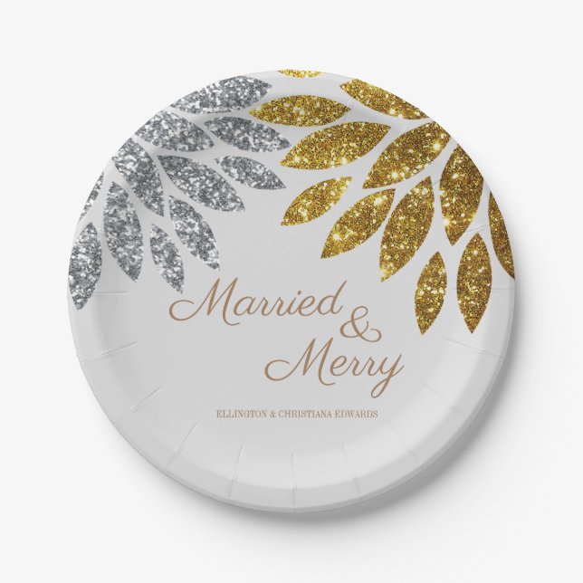 Gold Silver Married and Merry Christmas Party Paper Plate (Front)
