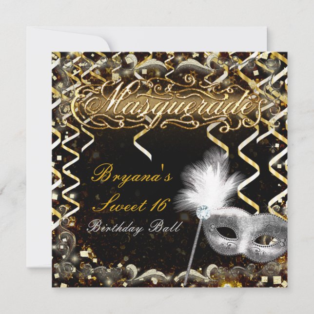 Gold & Silver Masquerade Mask Birthday Party Invitation (Front)