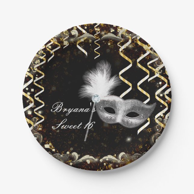 Gold & Silver Masquerade Mask Birthday Party Paper Plate (Front)