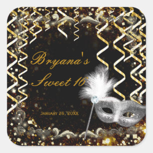 Gold & Silver Masquerade Mask Birthday Party Square Sticker