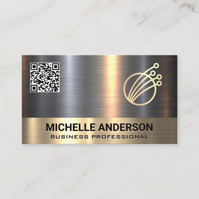 Gold Silver Metallic | Tech Logo | QR Code Business Card (Front)