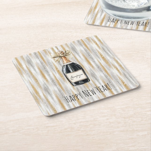Gold Silver New Year's Eve Champagne Bottle Square Paper Coaster (Angled)
