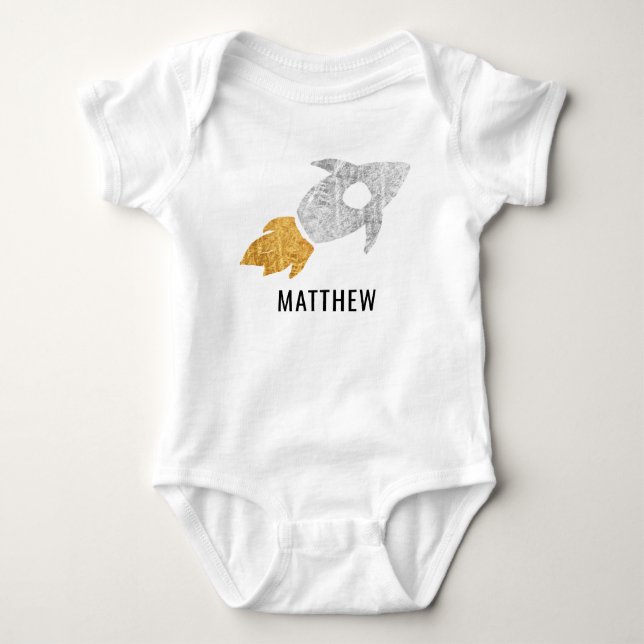 Gold Silver Personalized Rocket Outer Space Kids Baby Bodysuit (Front)