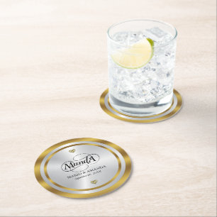 Gold Silver Personalized Wedding Monogram Round Paper Coaster