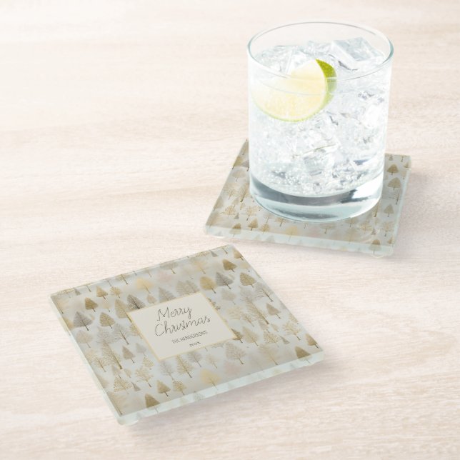 Gold Silver Pine Trees Christmas Coaster (Angled)