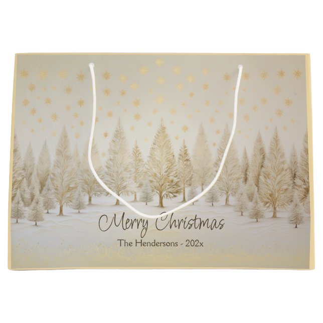 Gold Silver Pine Trees Personalized Christmas Large Gift Bag (Front)