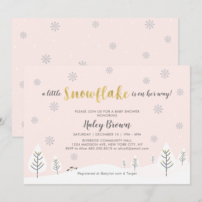 Gold, Silver & Pink Winter Wonderland Baby Shower Invitation (Front/Back)