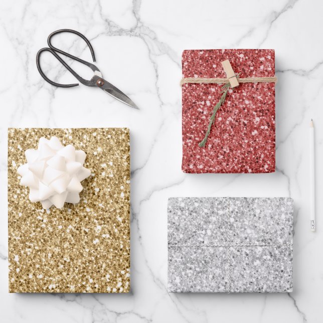 Gold Silver Red Glitz Glitter      Wrapping Paper Sheet (Front)