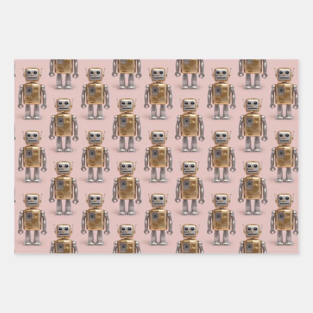 Gold Silver Robot Pink Wrapping Paper (Front)