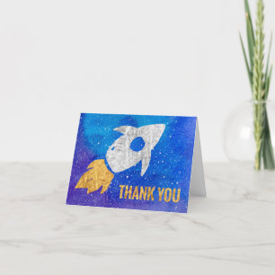 Gold Silver Rocket Ship Galaxy Thank You Card