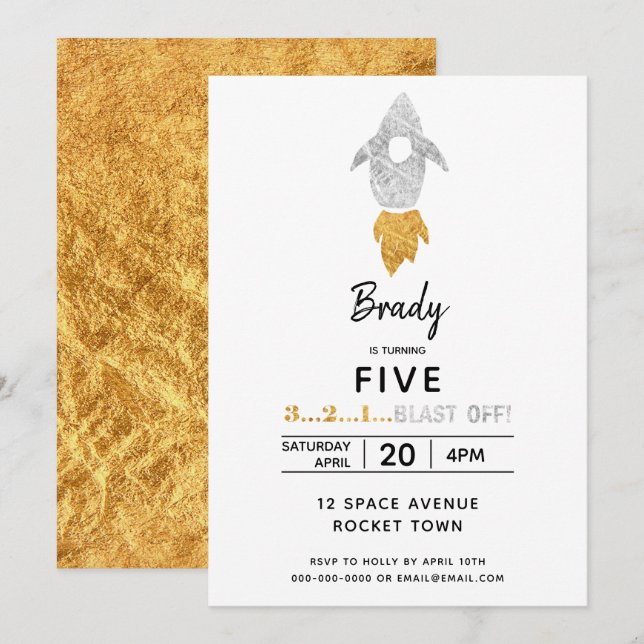 Gold Silver Rocket Ship Outer Space Birthday Party Invitation (Front/Back)
