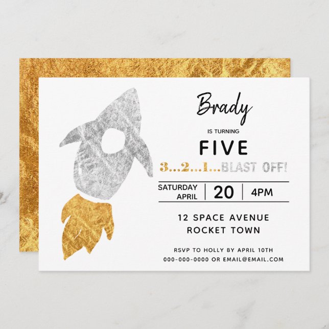 Gold Silver Rocket Ship Outer Space Birthday Party Invitation (Front/Back)