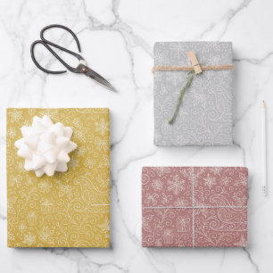 Gold, Silver, Rose Gold Doodle Christmas Pattern  Wrapping Paper Sheet