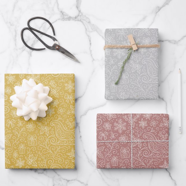 Gold, Silver, Rose Gold Doodle Christmas Pattern  Wrapping Paper Sheet (Front)