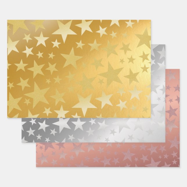 Gold Silver Rose Gold glitter star Wrapping Paper Sheet (Set)