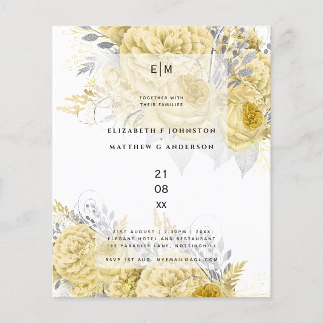 Gold Silver Roses Floral Wedding Invites (Front)
