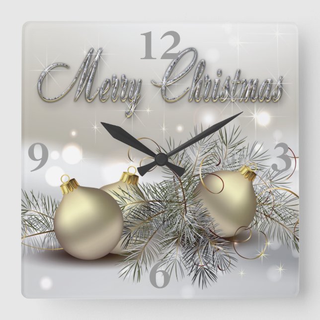Gold & Silver Shimmer Christmas Ornaments Square Wall Clock (Front)