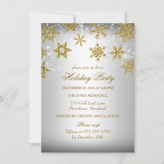 Gold & Silver Snowflake Christmas Holiday Party Invitation (Front)