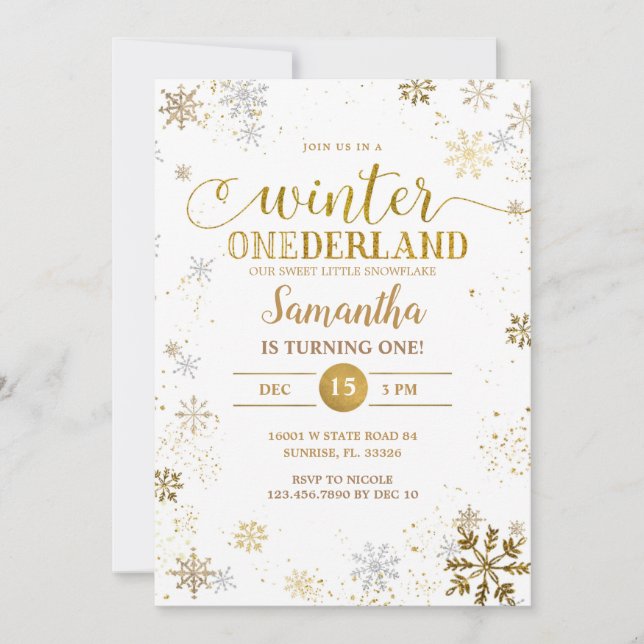 Gold Silver Snowflakes First Birthday  Invitation (Front)