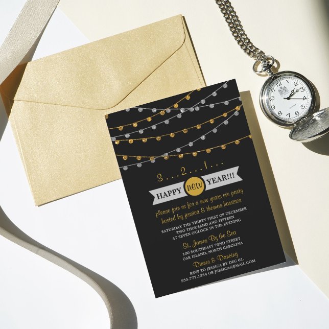 Gold & Silver String Lights New Years Eve Party Invitation (Creator Uploaded)