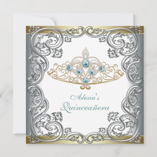 Gold Silver Teal Tiara Quinceanera Invitation (Front)