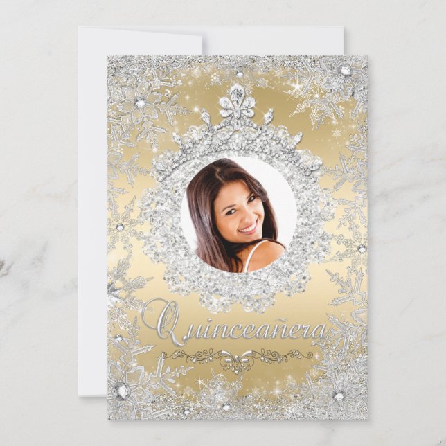 Gold Silver Tiara Snowflake Sparkle Quinceanera Invitation (Front)