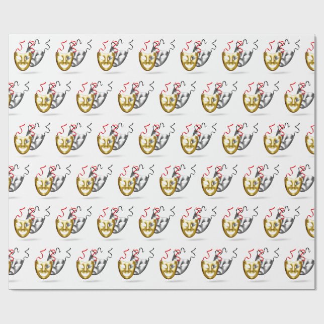 Gold silver tragedy comedy theatre masks wrapping paper (Flat)