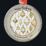 Gold Silver Vintage Ornaments Christmas Ornaments<br><div class="desc">Gold and silver Christmas ornaments are shown in this elegant vintage watercolor pattern. We think they look great on this tan-bordered holiday ornament. You can edit the greeting "Merry Christmas" which is in black. Also,  remember to change the example "from" names and year.</div>