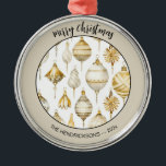 Gold Silver Vintage Ornaments Christmas Ornaments<br><div class="desc">Gold and silver Christmas ornaments are shown in this elegant vintage watercolor pattern. We think they look great on this tan-bordered holiday ornament. You can edit the greeting "Merry Christmas" which is in black. Also,  remember to change the example "from" names and year.</div>