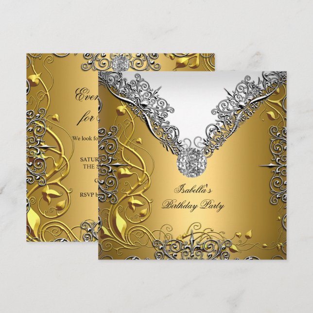 Gold Silver White Elegant Birthday Party Invitation (Front/Back)